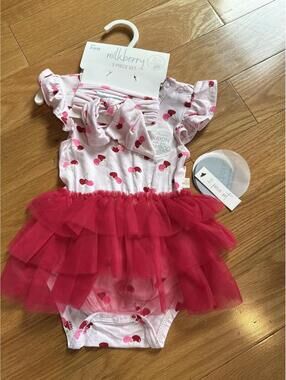 milkberry Baby Girl 2-Piece Cherry Print Dress with Red Tulle Skirt and Headband